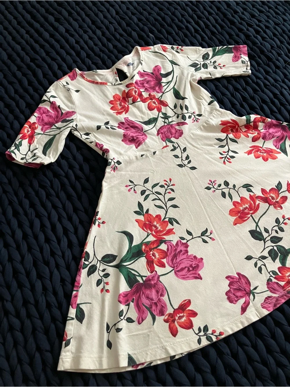 Cream Floral Fit-and-Flare Kids Dress with Pink & Red Blooms